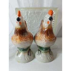 Hand-painted lusterware ceramic chicken figurines~Vintage~